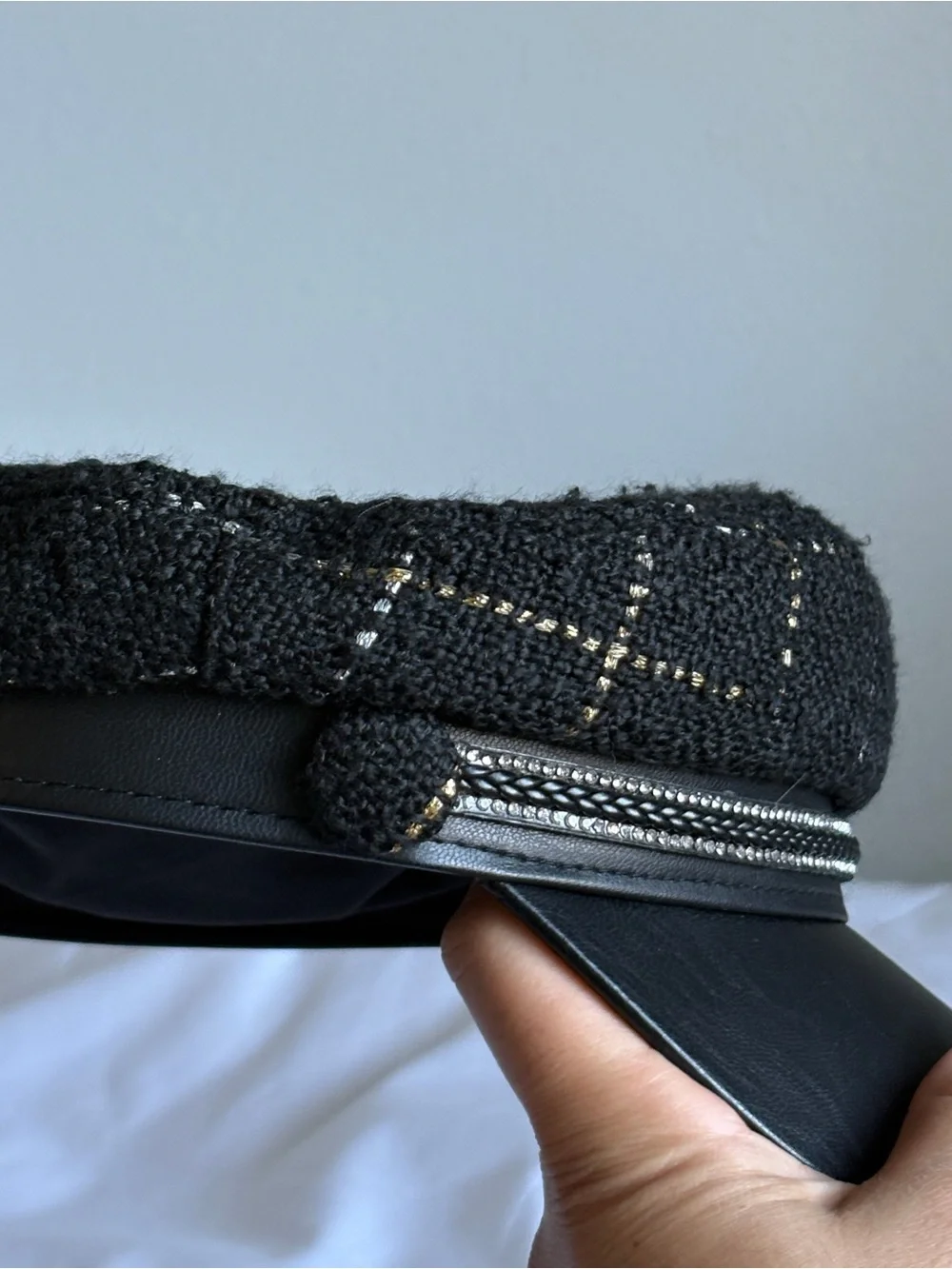 Y2K Juicy Couture Black Tweed Newsboy Cap with Faux Leather Visor